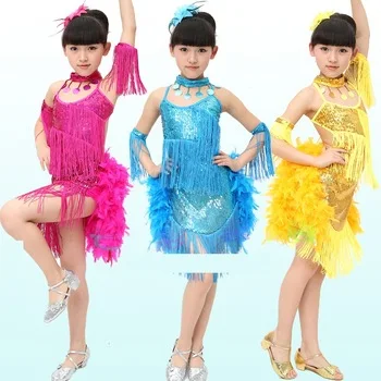 ballroom latin girls children sequin fringe salsa tango dancing kids cha cha salsa dancewear dance costume salsa dresses feather