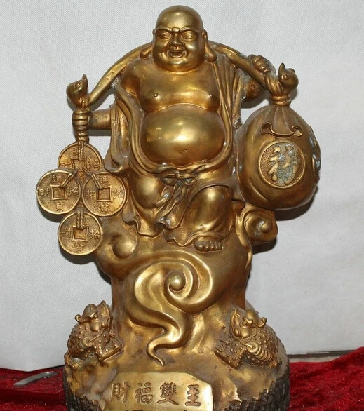 

JP S62 17 " Chinese Buddhism Brass Happy Laugh Maitreya Buddha money moneybag Statue (B0328)