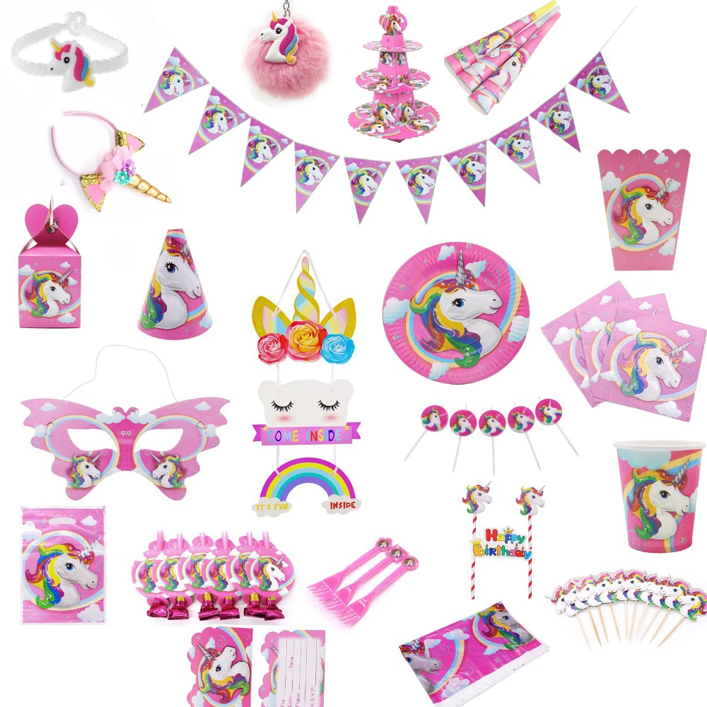 

Pink Unicorn Theme Balloon Wrapper Topper Plastic Bag Banner Flag Plate Candy Popcorn Box Kid Birthday Decoration Party Supplies