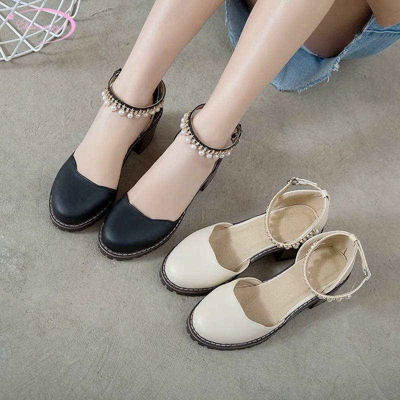 

Chinese party style round toe summer sandals fashion buckled beaded chain black beige high-heeled chunky women's shoes
