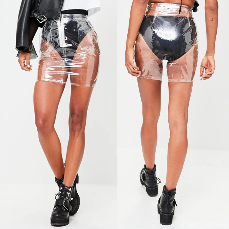 

Hip Hop Punk Summer Fashion Women's Transparent Clear Sexy High Waist Bodycon Pencil Mini Skater Zipper Short Skirt