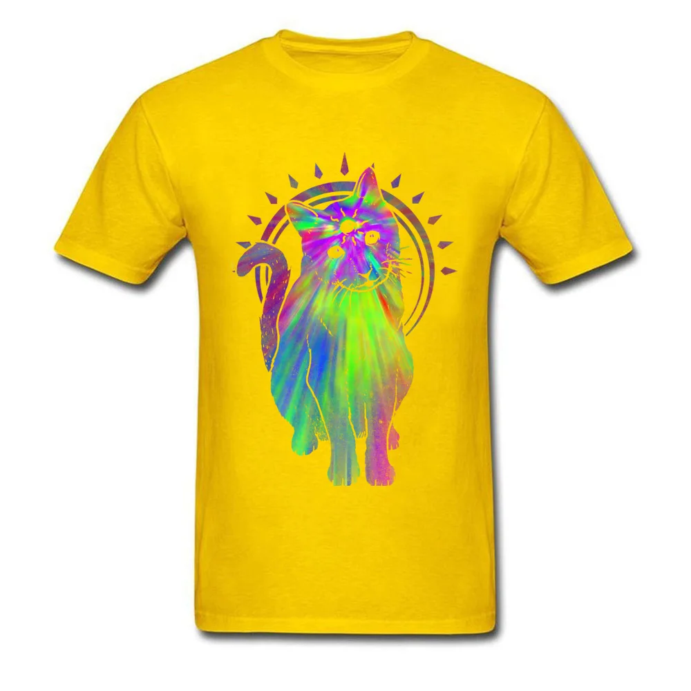 Psychic psychedelic trippy cat T Shirt New Fashion Mens ostern Day Tops & Tees Printed On Clothing Shirt Round Neck Pure Cotton Psychic psychedelic trippy cat yellow