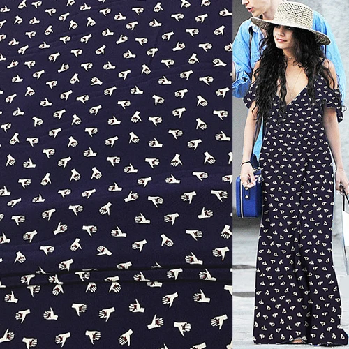 Gestures pattern print pure silk Crepe DE chine fabric deep blue bottom SCDC960 | Дом и сад