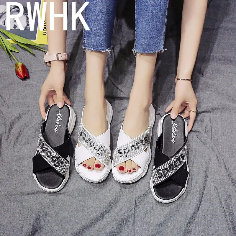 

RWHK New 2019 Summer Flat Slippers Fashion Bear Bottom Sequins Wild Cross Casual Words Non-slip Women's Shoes B331