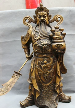 

USPS to USA S1695 33" Chinese Bronze Dragom Head Wealth YuanBao Warrior GuanGong GuanYu God Statue