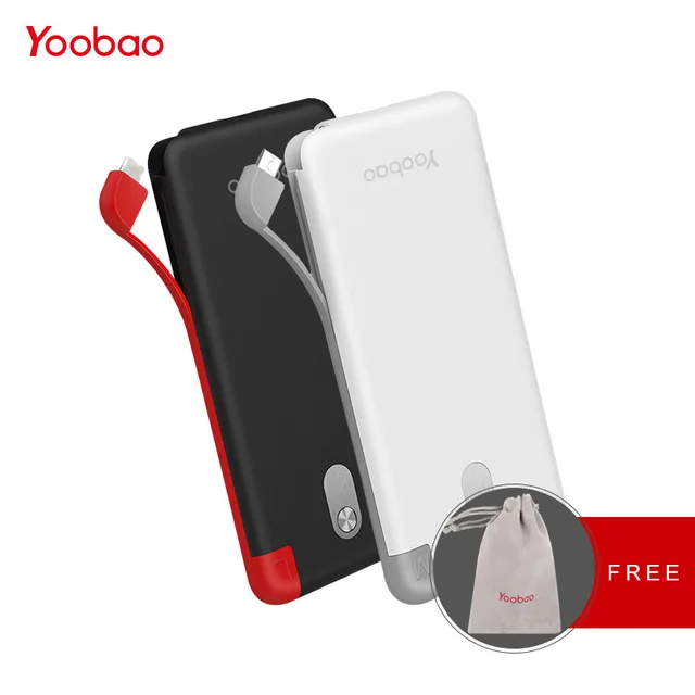 Yoobao 10000 мАч Встроенный кабель Мощность Bank Dual USB Вход внешний Батарея ультра тонкий Портативный Зарядное устройство для мобильного телефона