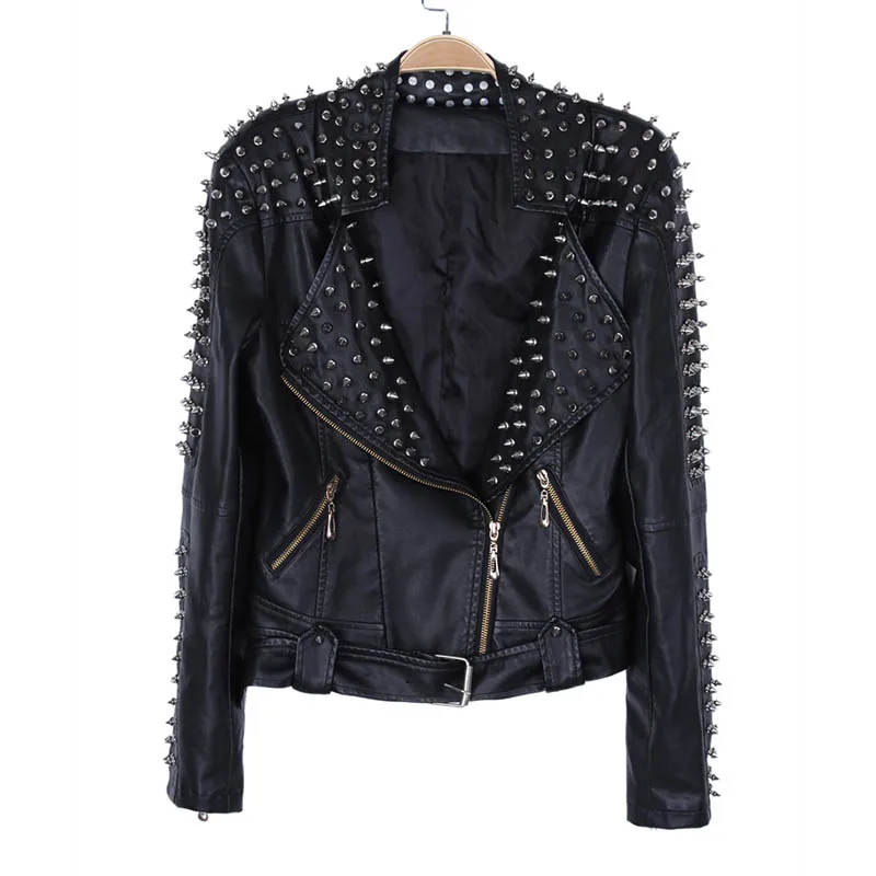 

Europe the United States New leather jacket Bi-metal Silver Rivet metallic jacket Women Short Motorcycle leather jacket women