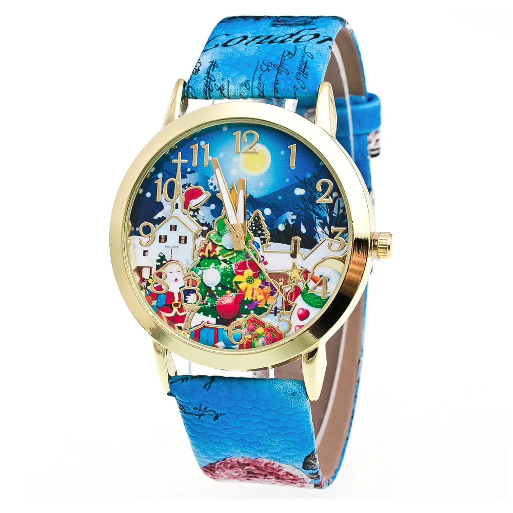

New Christmas Pattern Leather Band Analog Quartz Vogue Watches Rose Gold Women Watch Steel Luxury Ladies Watch Creative Girl A40