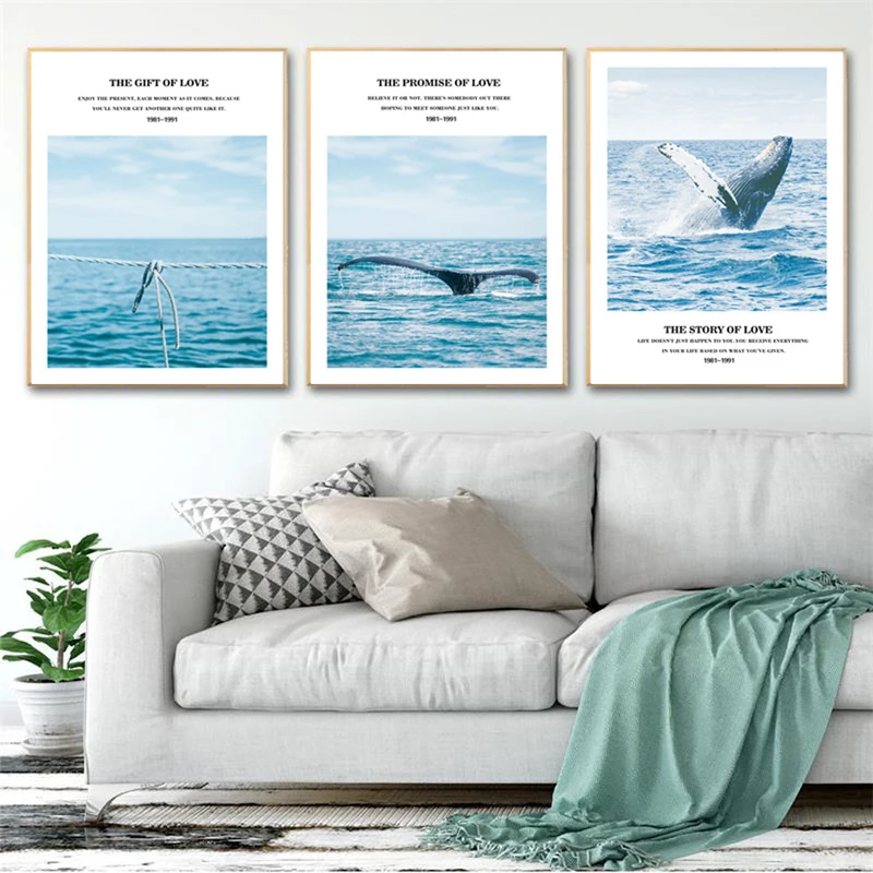 

HAOCHU Nordic Blue Ocean Whale Text Famous Landscape Home Decoration Painting Canvas Print Picture Wall At Poster Living Room