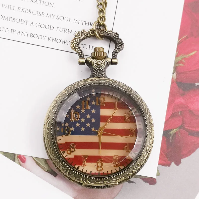 

Best Selling Fashion American Flag Vintage Bronze United States Army Quartz Pocket Watches with Fob Chain for Men Women CF1061