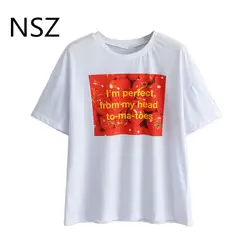 NSZ Для женщин белая хлопковая Футболка Письмо короткий рукав круглый вырез горловины свободные летняя футболка