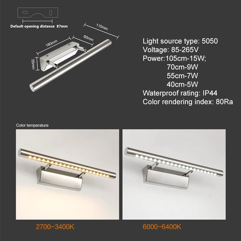 Горячая светодиодный настенный светильник 105 см 70 см 55 см зеркало для ванной комнаты Санузел Настенные светильники Алюминиевые boby& нержавеющая сталь ZJQ0009