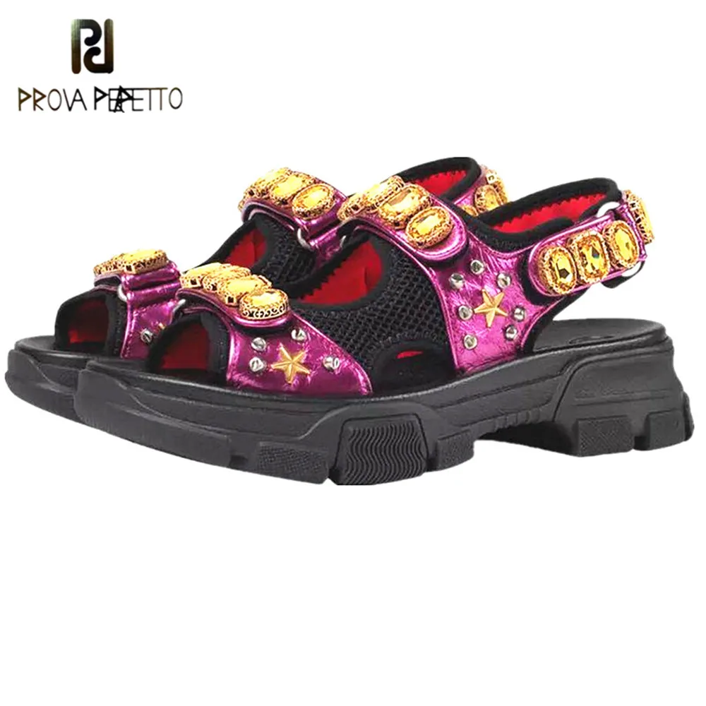 

Prova Perfetto 2019 Rhinestone Diamond Sandals Women Bling Bling Crystal Rivets Studded Platform Flat Mesh Summer Causal Shoes