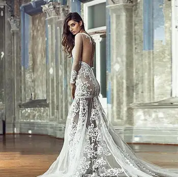 شراء2019 Eslieb الزفاف اللباس حورية البحر يدوية عالية الجودة الحجارة و Beaings على صد طويل كم HA115