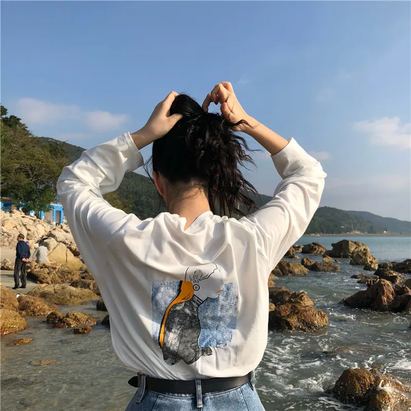 Woherb Лето футболка с длинным рукавом для женщин плюс размер корейская мода сзади Графический Тройник Harajuku эстетические футболки Femme 21279