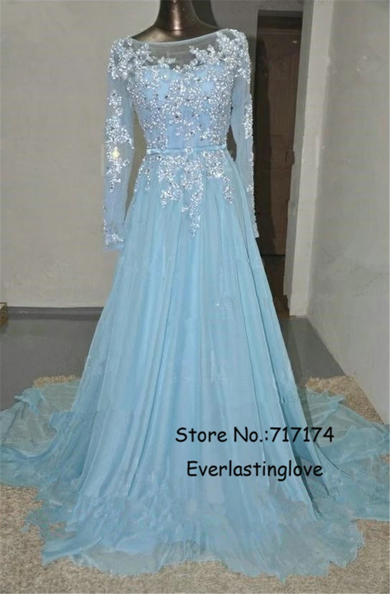 Pretty Mint Blue Chiffon Long Sleeves Prom Dress With Applique And
