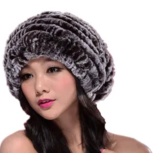 Для женщин зимняя меховая шапка натуральный с мехом кролика свободная Шапка-бини с помпоном, Белый Коричневый ручной вязки Сгущает Теплый меховой мешковатая шапка H88