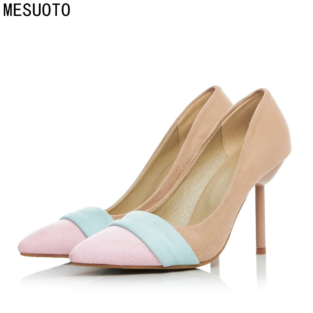 

MESUOTO Spring Air Suede Nubuck Pointed Toe Slip On Stiletto Thin High Heels Womens Pumps Colorful Shoe Woman
