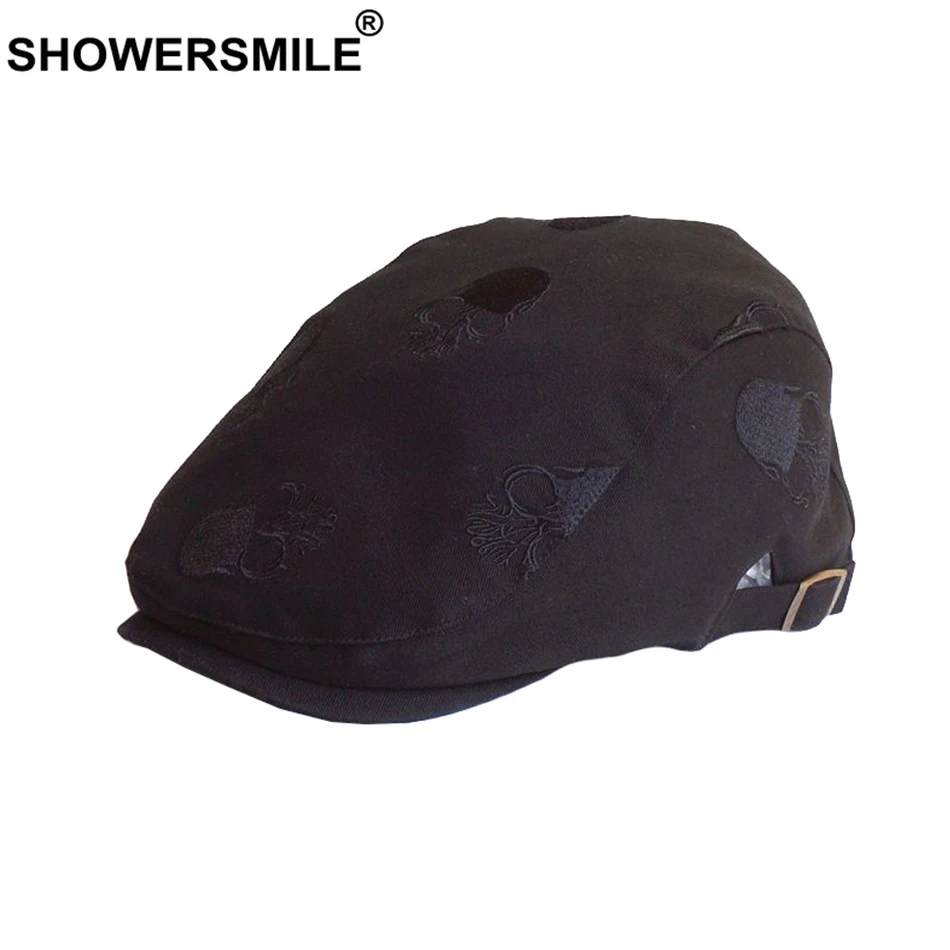 SHOWERSMILE, мужской берет, летний, черный, хлопок, плоская кепка, Череп, вышивка, плюща, утконоса, кепка, регулируемая, Ретро стиль, высокое качество, мужская плоская шапка