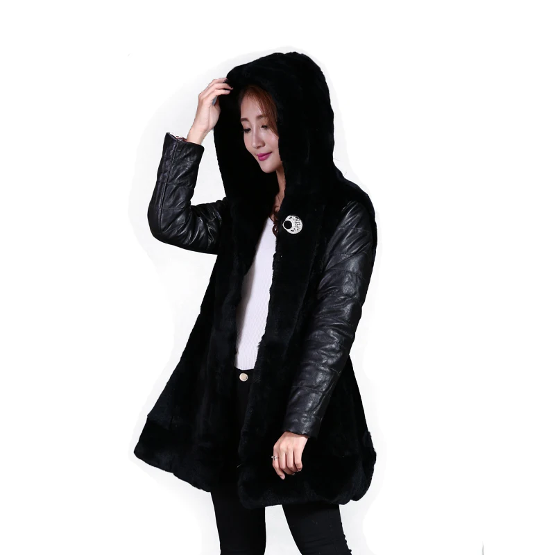 Manteaux 3xl 291 Manteau Veste Femmes Rex Capuche À Cuir Fourrure De Lapin Manches Réel Survêtement Hiver Mince Noir Tfm Avec Véritable En ncTqURg