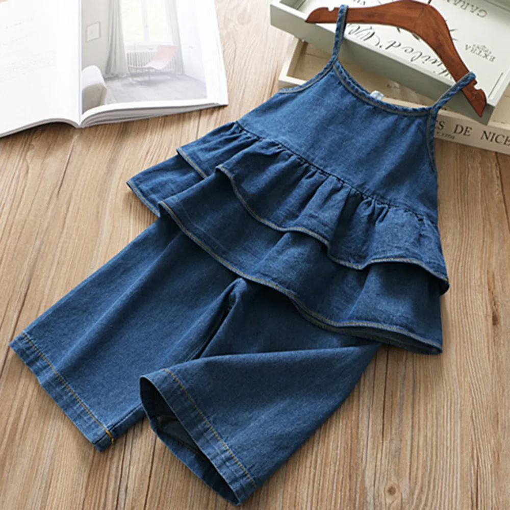 

Backless Summer Children Toddler Baby Kids Girls Modis Denim Strap Ruffles Tops Solid Jeans Casual Outfits Set Girls Clothes