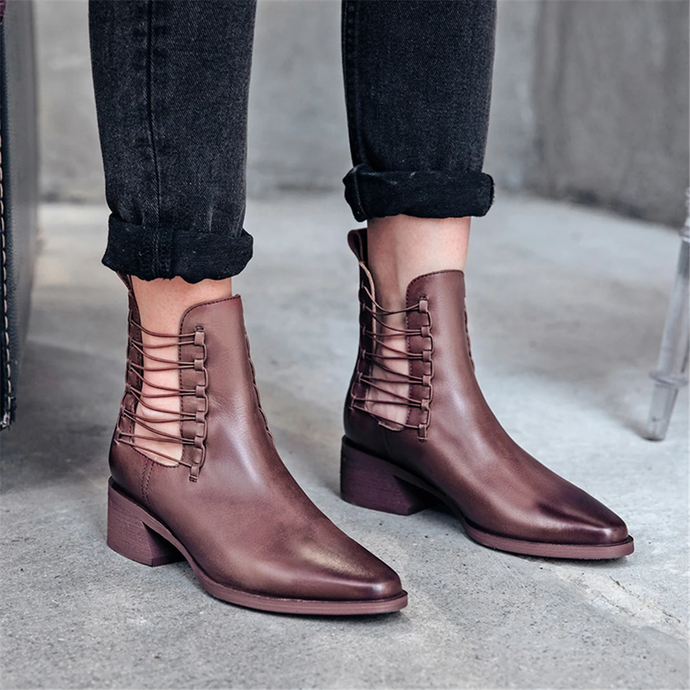 

Genuine Leather Leisure Chunky Heels Summer Boots Woman Shoes Women Casual Band Retro Shoes Woman Boots Female Chelsea Boots