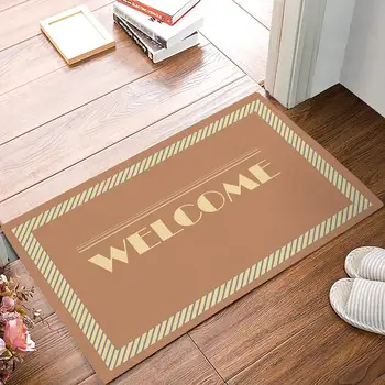 

Welcome Brown Stripe Square Door Mats Kitchen Floor Bath Entrance Rug Mat Absorbent Indoor Bathroom