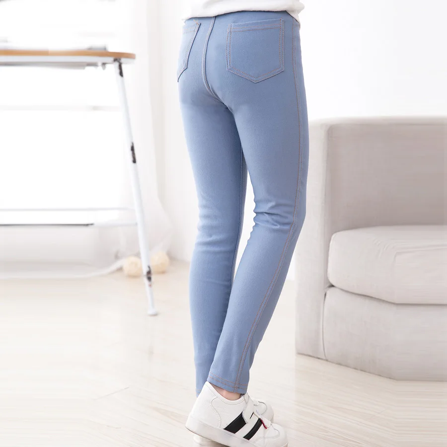 SheeCute New Spring Summer Fashion Girls Pencil knit Imitation denim fabric Jeans Kids Candy Colore Mid Waist Full Length pants