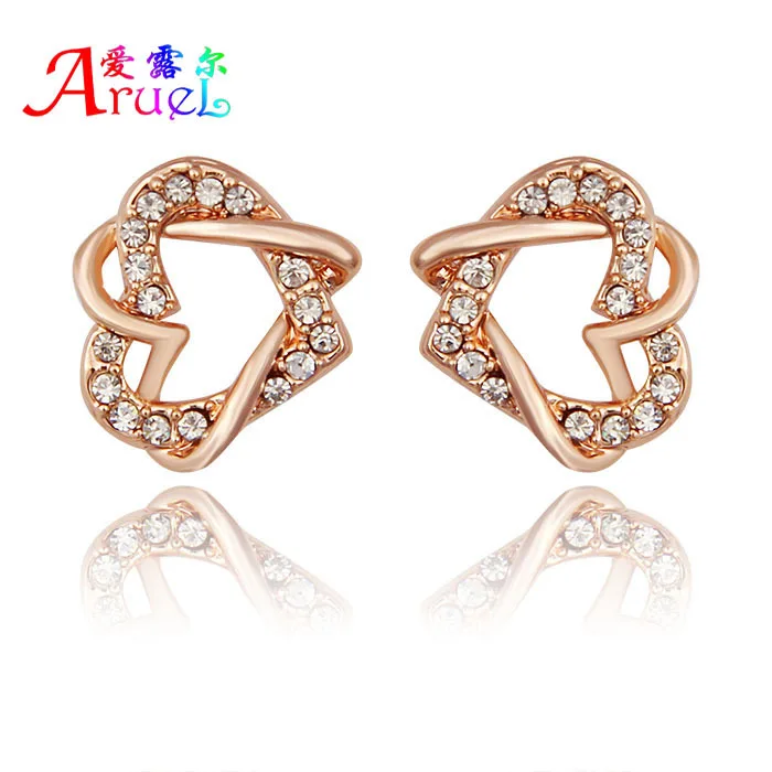 

korean style double heart love fashion jewelry Austrian Crystal stud earrings rose gold/silver plated women party pendientes