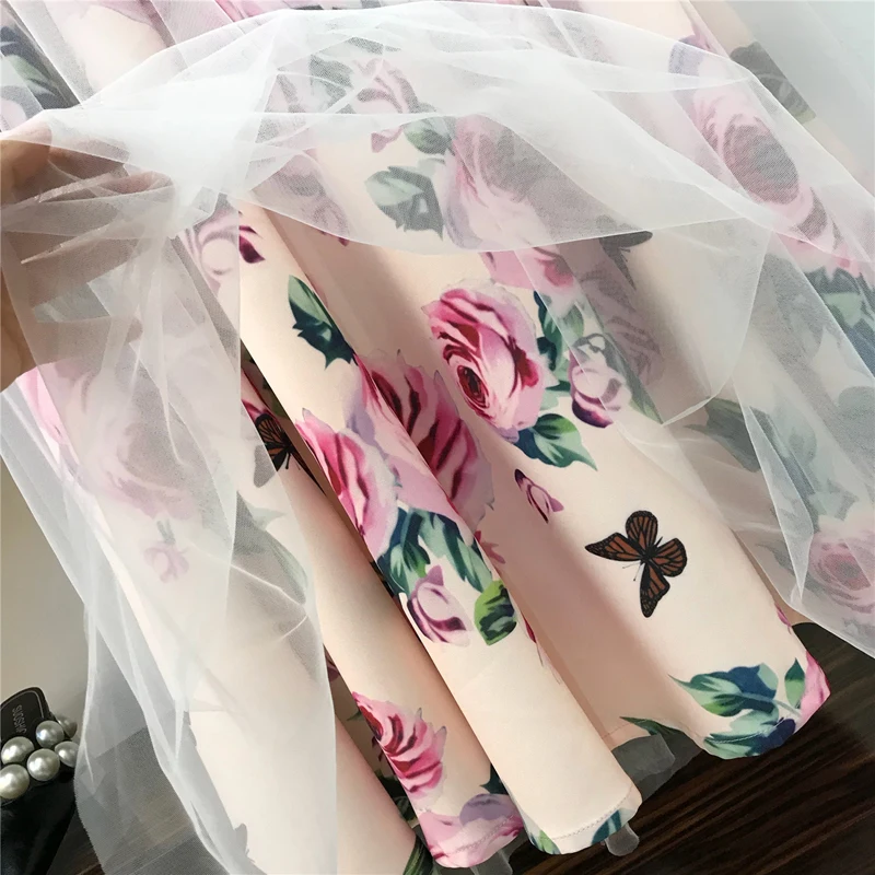 Новинка года, элегантный розовый женский комплект 2 шт., милый топ с поперечным бантом, необычный короткий топ, футболка+ сетчатые длинные юбки из тюлевой ткани с цветочным рисунком, костюмы