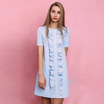 

Summer Ruffle Blue Dress 2019 Elegant O Neck Office Femme Dresses Short Sleeves Office Robe Party Mini Dress
