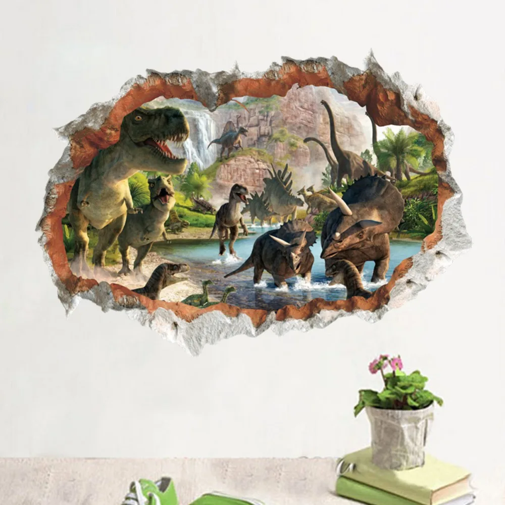  3D Dinosaurs Broken the Wall Stickers jurassic park home decoration