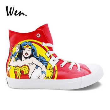 

Wen Design Hand Painted Shoes Wonder Woman High Top Red Unisex Canvas Sneakers Boy Girl's Athletic Shoes for Unique Gifts