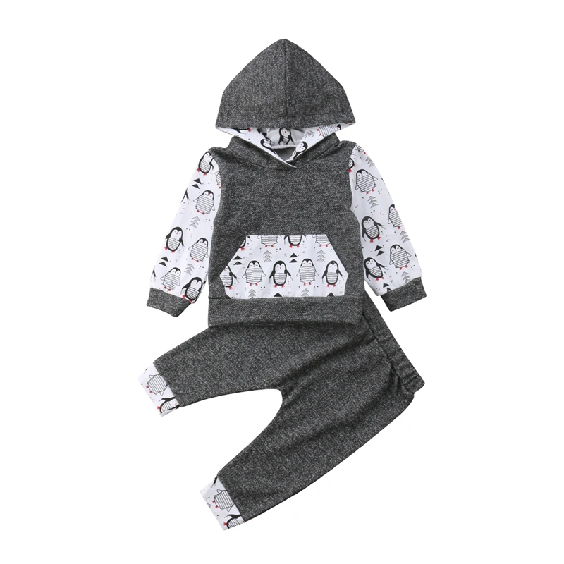 

New Cute Cool Penguin Baby Boy Girl Outfits Long Sleeve and Long Pants Hooded Outfit Set Casual Clothes