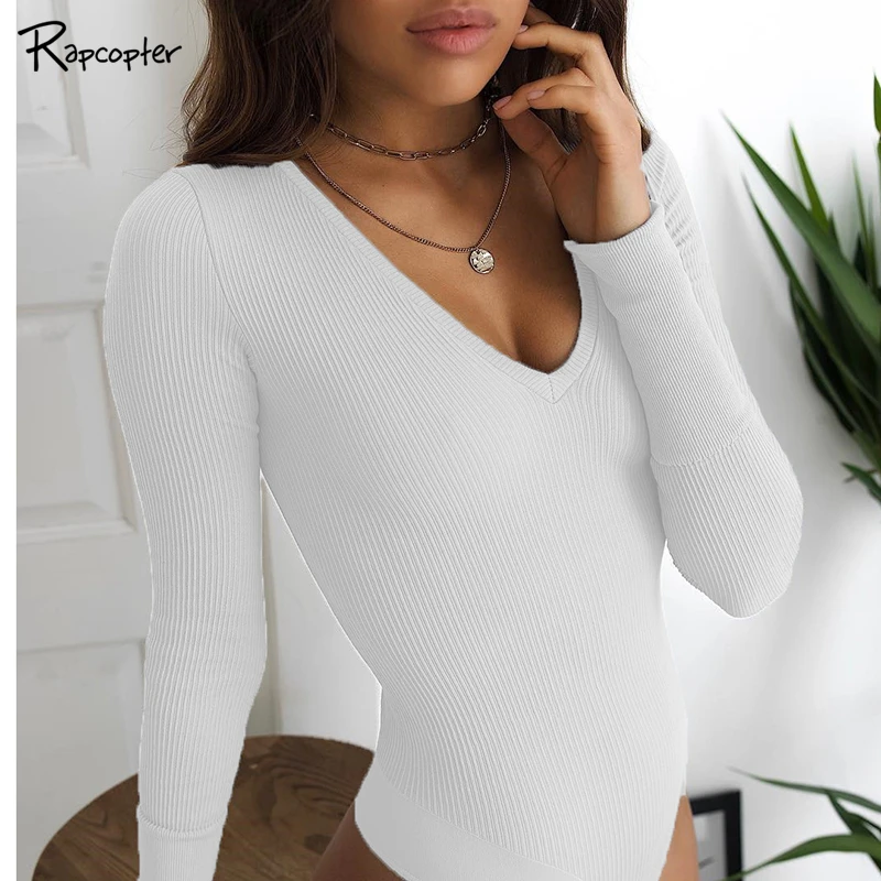 

Rapcopter White Solid Basic Knitted Women Bodysuit Long Sleeve V-neck Skinny Bodyusits Elegant Ladies Casual bodycon Jumpsuits