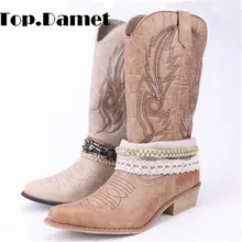 Top.Damet; женские сапоги до колена; ковбойские женские ковбойские ботинки с кружевом и цепочкой; обувь в западном стиле; мотоциклетные женские ботинки без застежки