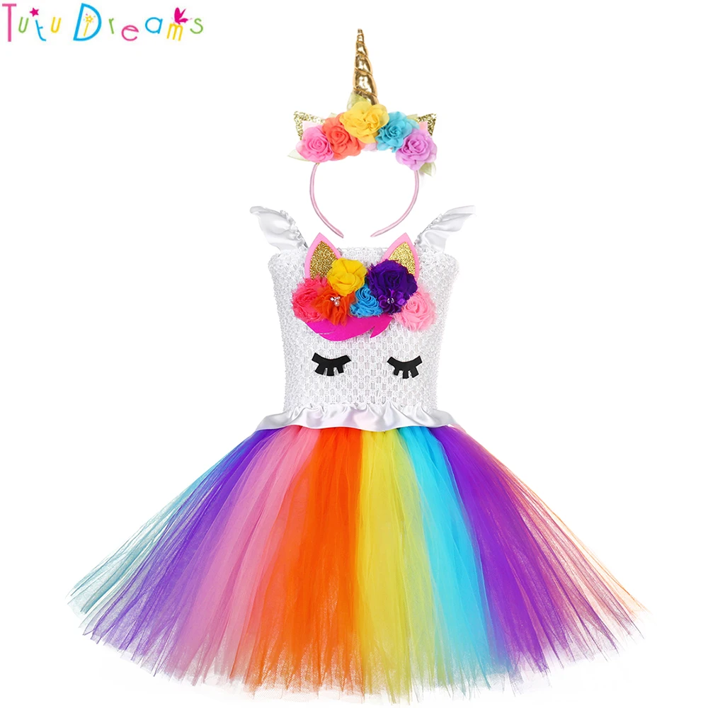 Girl Flower Unicorn Kid's Tutu Dress Rainbow Baby Kids Short Birthday Party Dresses Halloween Purim Carnival | Детская одежда и