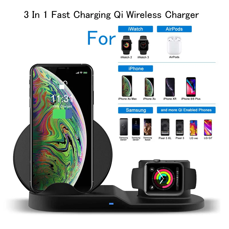 

3 In 1 10W Fast Charging Qi Wireless Charger for Apple Watch 2 3 4 Airpods For iPhone X Xs Max Xr 8 Plus Samsung S9 S8 Note 9