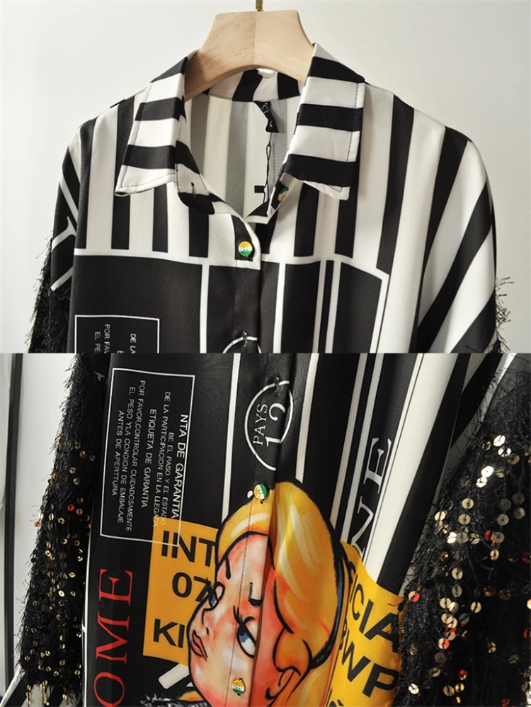 Модная весенне-осенняя рубашка с блестками и кисточками, топы для женщин, уличная блузка с длинными рукавами и рисунком, женские топы, SL407