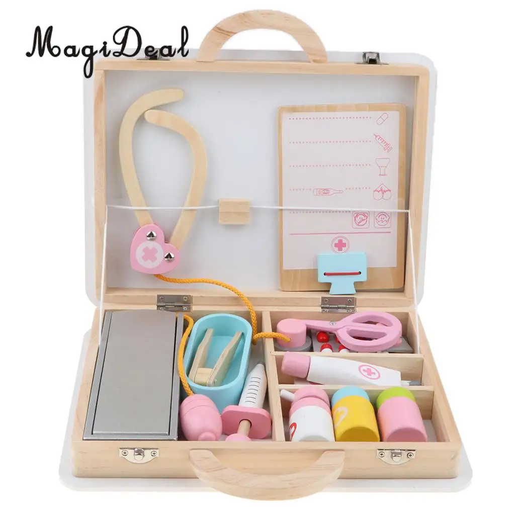 15 Pieces Wooden Medical Kits Box Carry Case Doctor Nurse Game Role Playing Set Kids Toy Educational