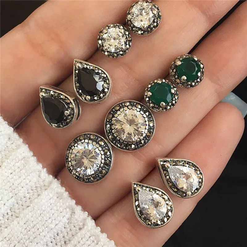 

Yobest Women Crystal Earrings for Women Boucle D'oreille Jewelry Bohemian Stud Earring Set Green Droplets Brincos 5 Pairs