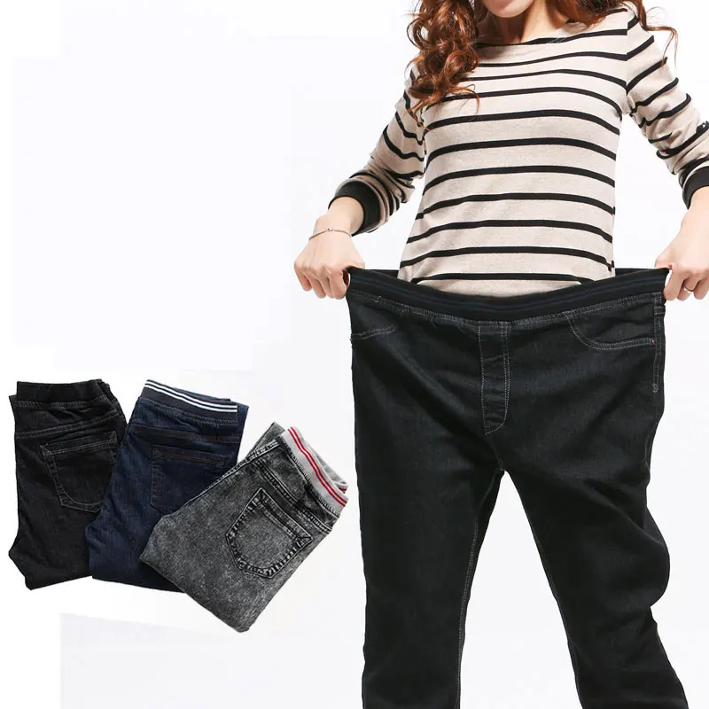 2017 Spring and Autumn Style Plus size 6XL 117Kg Women Jeans Show Thin Winter Female Pants Elastic elastic waist large