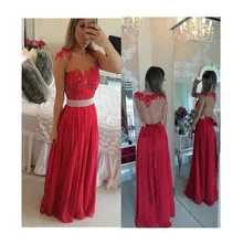 2016 heißer Verkauf Benutzerdefinierte A-Line Scoop Sheer Zurück Bodenlangen Abendkleid Mit Appliques Red Chiffon Abendkleid Kleider