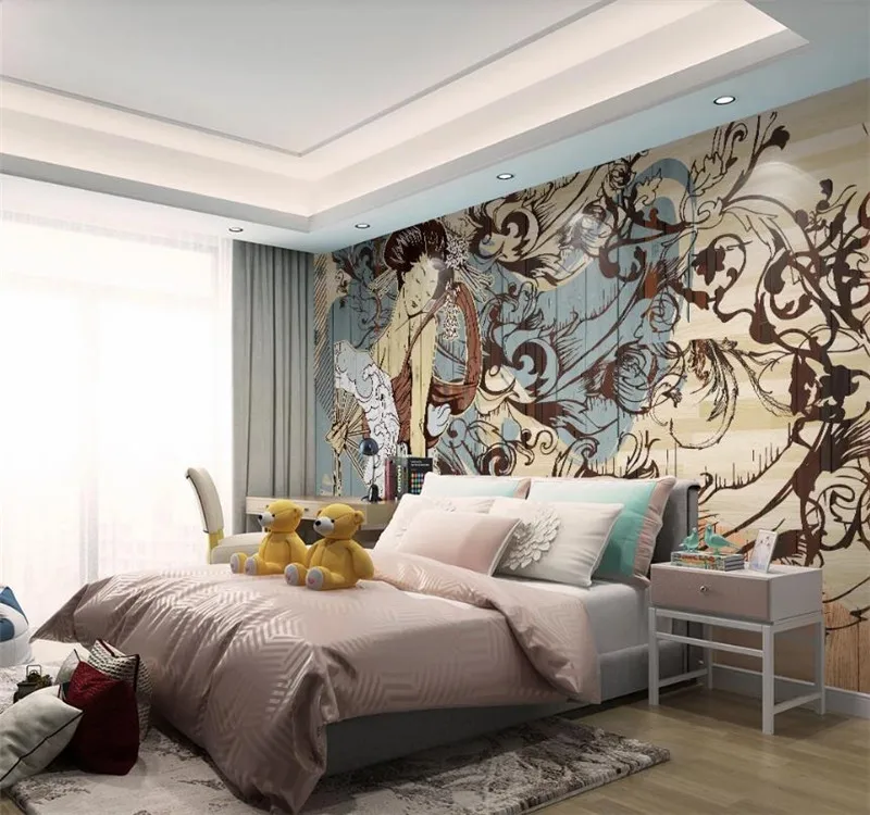 Custom 3D Wallpaper Japanese ukiyo-e painted wood grain modern minimalist TV background wall painting - silk waterproof material Custom 3D Wallpaper Japanese ukiyo-e painted wood grain modern minimalist TV background wall painting - silk waterproof material