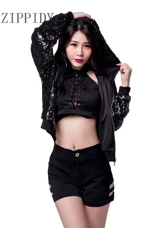 New Fashion Black Sequins Hooded Women Jacket Sexy Bra Short Ds Female