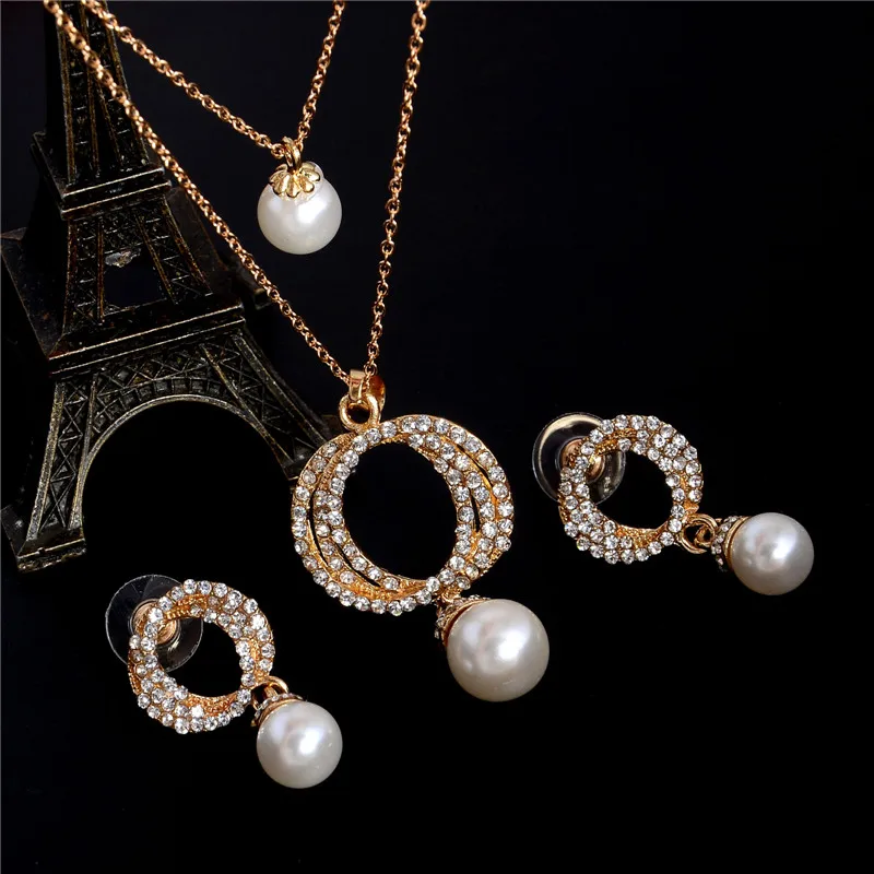 

Hesiod Bridal Simulated Pearl Jewelry Sets Full Crystal Pendant Stud Earrings for Women Wedding Dress Decorations