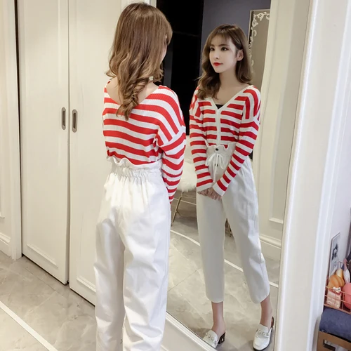 

Spring Korean V Neck Single Breasted Full Sleeve 2 Pcs Set High Waist Preppy Style Fashion Chic Two Piece Set