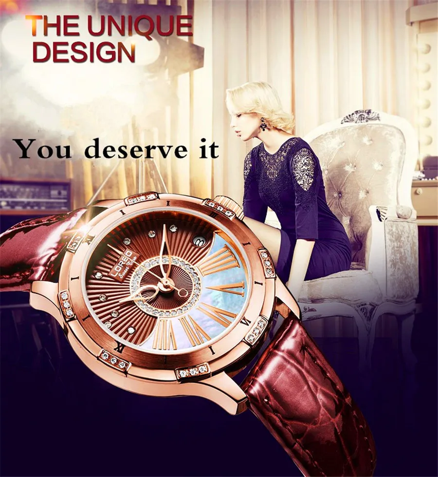 LOREO дамы алмаз дисплей для женщин часы лучший бренд класса люкс кофе цвет простой водонепроницаемый 50 м автоматические механические часы Wonen