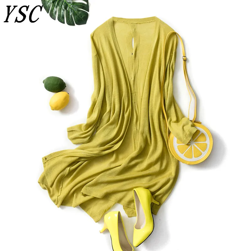 

YUNSHUCLOSET 2018 New Design Silk blend cardigan Pleasantly cool Knitted Shirt Loog paragraph Sunscreen Back cardigan