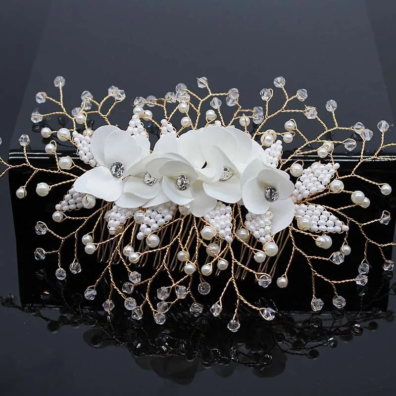 Wedding Head Flower Crystal Pearl Hair combs for brides Handmade Women Head Ornaments Bridal Hair Clips Accessories Jewelry - Окраска металла: EG042